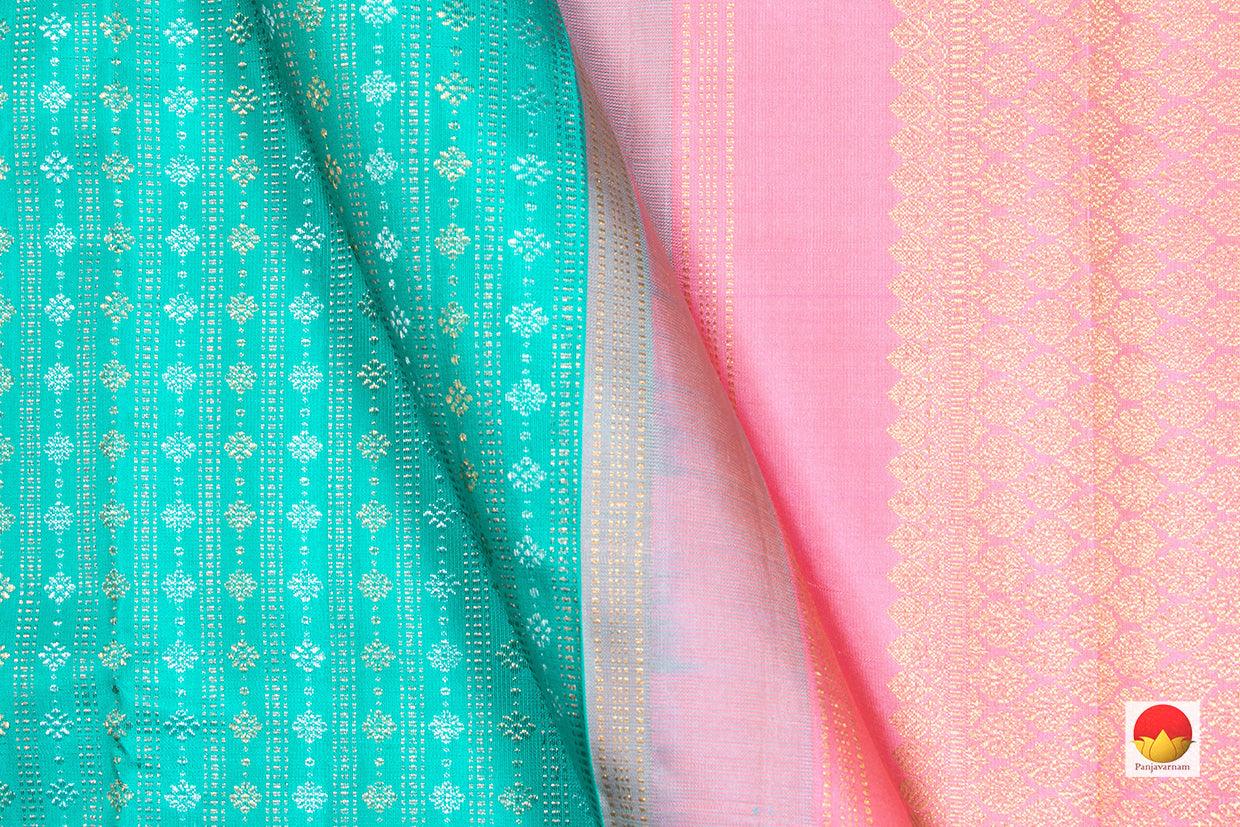 Turquoise Blue And Pastel Pink Borderless Kanchipuram SIlk Saree Handwoven Pure Silk Pure Zari PV NYC 252 - Silk Sari - Panjavarnam PV NYC 252