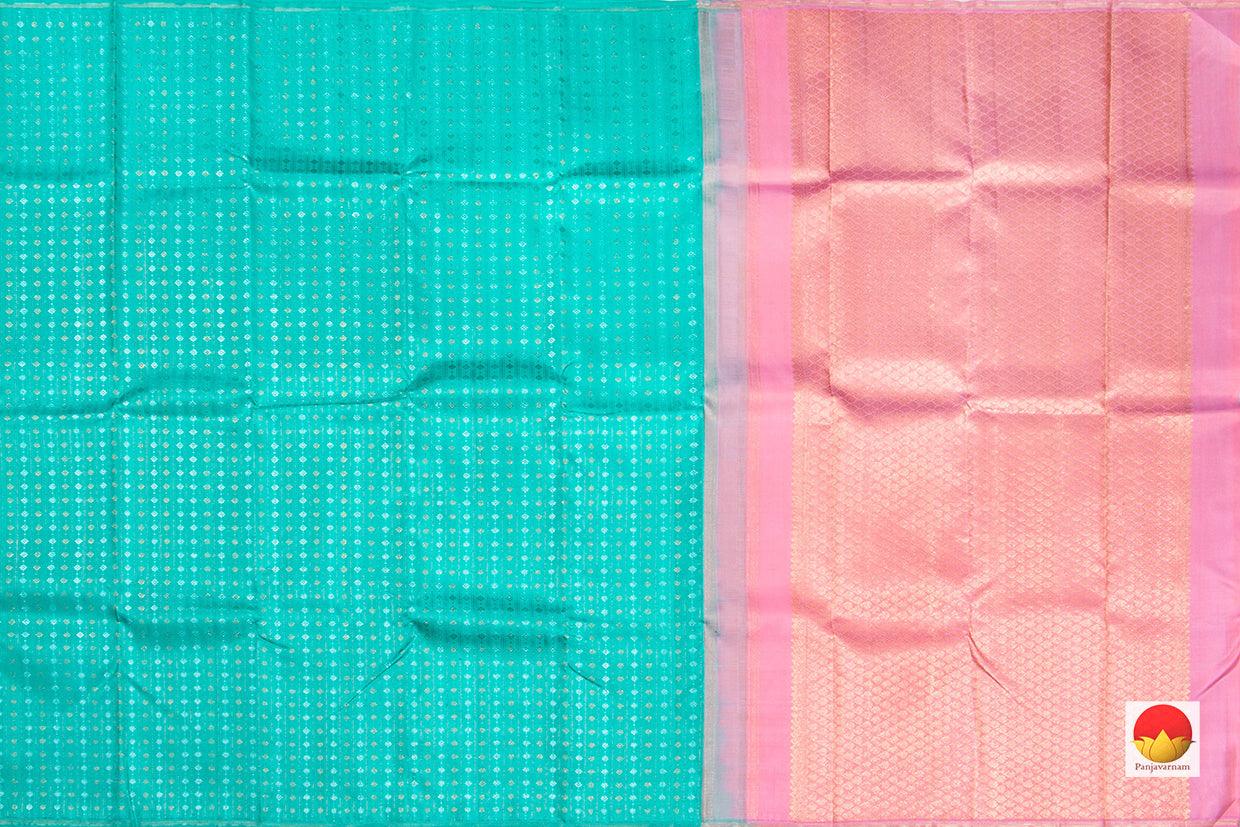 Turquoise Blue And Pastel Pink Borderless Kanchipuram SIlk Saree Handwoven Pure Silk Pure Zari PV NYC 252 - Silk Sari - Panjavarnam PV NYC 252