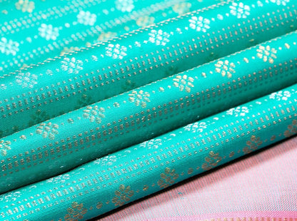 Turquoise Blue And Pastel Pink Borderless Kanchipuram SIlk Saree Handwoven Pure Silk Pure Zari PV NYC 252 - Silk Sari - Panjavarnam PV NYC 252