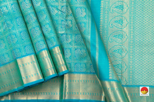 Turquoise Blue Zari Checks Kanchipuram Silk Saree Handwoven Pure Silk Pure Zari For Party Wear PV NYC 431 - Silk Sari - Panjavarnam