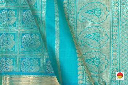 Turquoise Blue Zari Checks Kanchipuram Silk Saree Handwoven Pure Silk Pure Zari For Party Wear PV NYC 431 - Silk Sari - Panjavarnam PV NYC 431