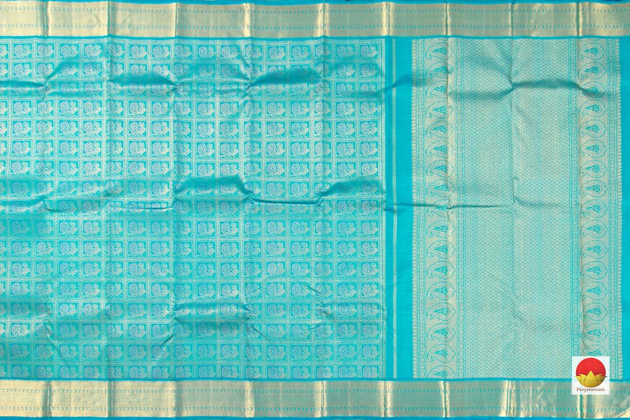 Turquoise Blue Zari Checks Kanchipuram Silk Saree Handwoven Pure Silk Pure Zari For Party Wear PV NYC 431 - Silk Sari - Panjavarnam PV NYC 431