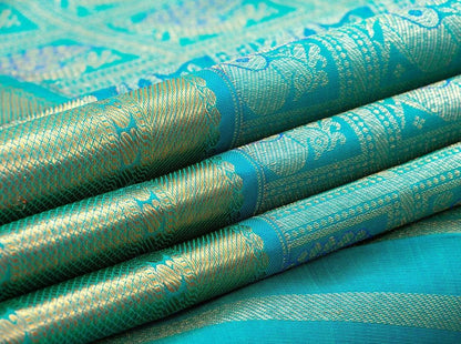 Turquoise Blue Zari Checks Kanchipuram Silk Saree Handwoven Pure Silk Pure Zari For Party Wear PV NYC 431 - Silk Sari - Panjavarnam PV NYC 431