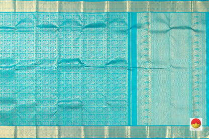 Turquoise Blue Zari Checks Kanchipuram Silk Saree Handwoven Pure Silk Pure Zari For Party Wear PV NYC 431 - Silk Sari - Panjavarnam PV NYC 431