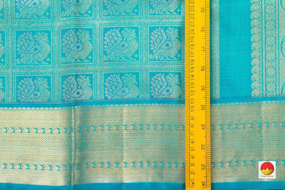 Turquoise Blue Zari Checks Kanchipuram Silk Saree Handwoven Pure Silk Pure Zari For Party Wear PV NYC 431 - Silk Sari - Panjavarnam PV NYC 431