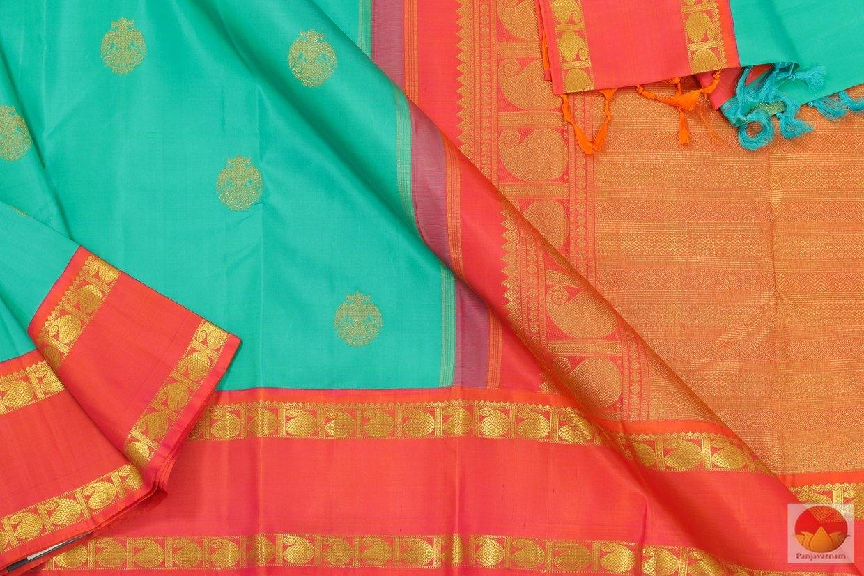 Turquoise Green & Orange - Handwoven Kanchipuram Silk Saree - Pure Silk - Pure Zari - PV G 4215 - Archives - Silk Sari - Panjavarnam