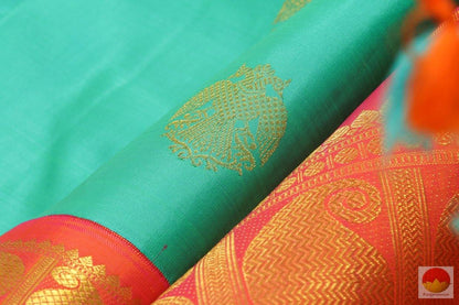 Turquoise Green & Orange - Handwoven Kanchipuram Silk Saree - Pure Silk - Pure Zari - PV G 4215 - Archives - Silk Sari - Panjavarnam