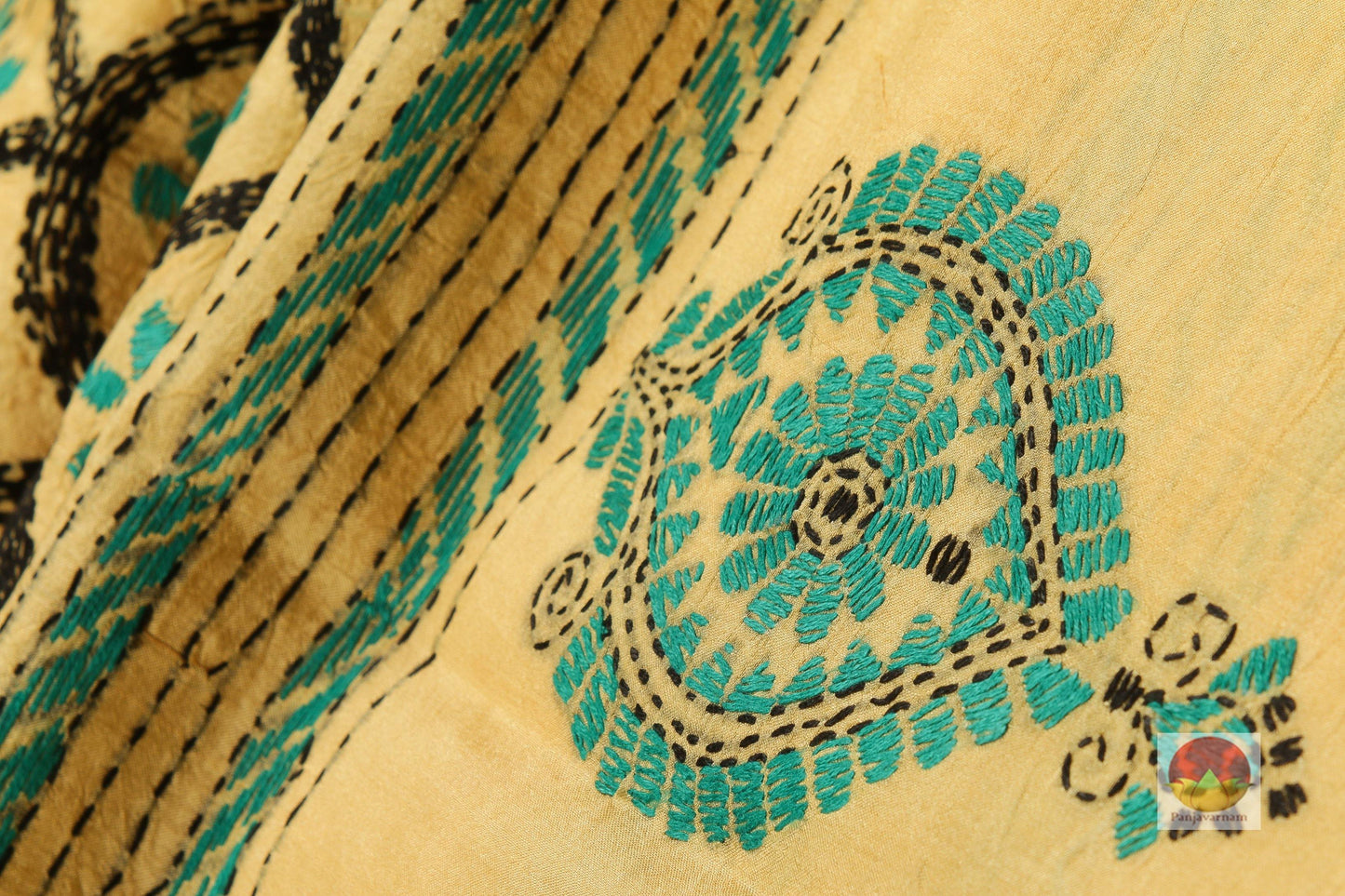 fabric detail of silk yarn and kantha work in tussar silk saree