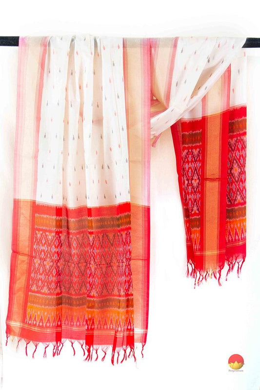 White And Red Pochampally Ikkat Silk Dupatta PVD 1043 - Dupattas - Panjavarnam