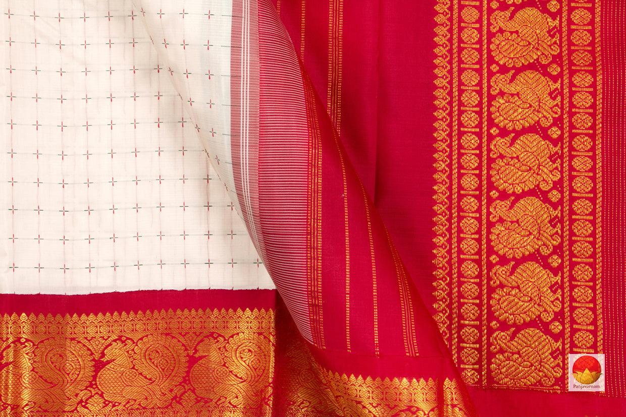 White Kanchipuram Silk Saree - Handwoven Pure Silk - Pure Zari - Ganga Jamuna Border - PV NYC 07 - Saris & Lehengas - Panjavarnam PV NYC 07