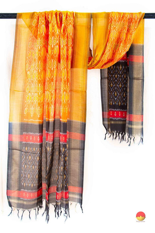 Yellow And Black Pochampally Ikkat Silk Dupatta PVD 1018 - Dupattas - Panjavarnam PVD 1018