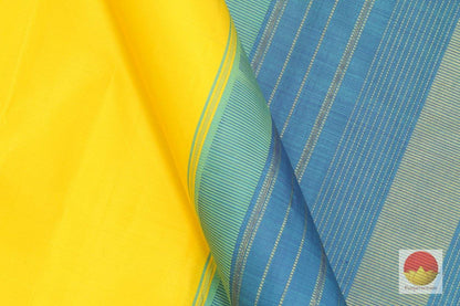 Yellow & Blue - Handwoven Kanchipuram Silk Saree - Temple Border - Pure Zari - PV J 998 - Archives - Silk Sari - Panjavarnam