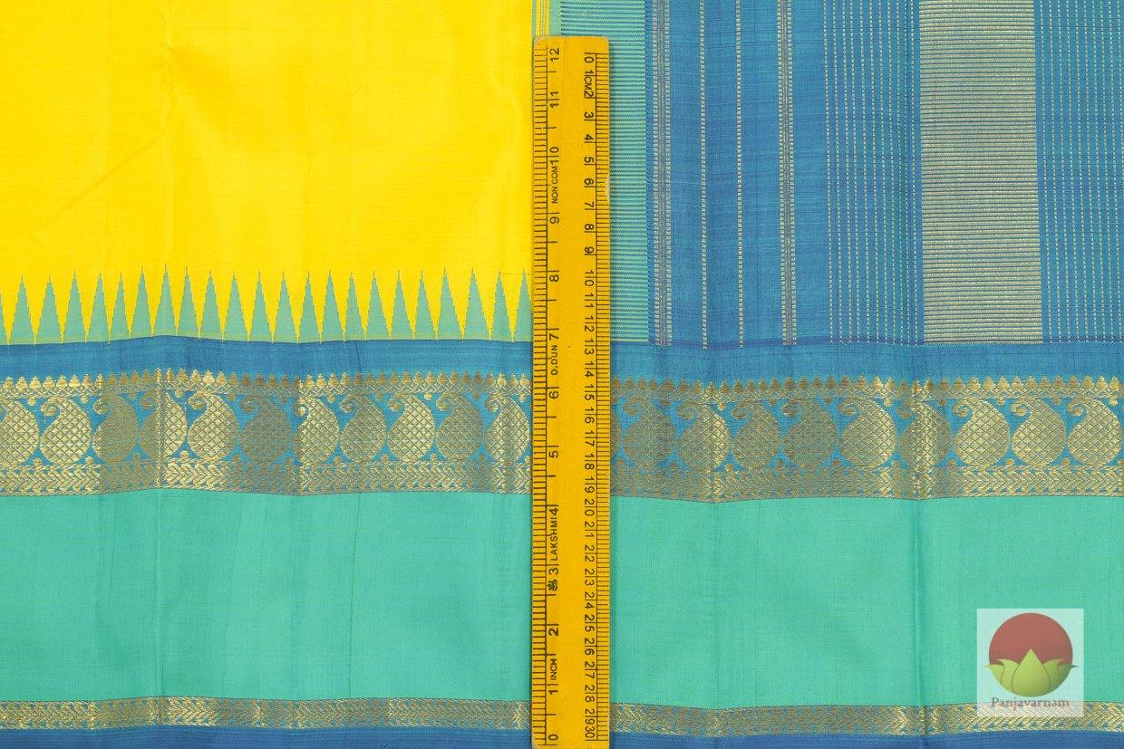 Yellow & Blue - Handwoven Kanchipuram Silk Saree - Temple Border - Pure Zari - PV J 998 - Archives - Silk Sari - Panjavarnam