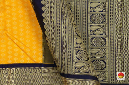 Yellow And Blue Kanchipuram Silk Saree Handwoven Pure Silk Pure Zari For Festive Wear PV NYC 71 - Silk Sari - Panjavarnam