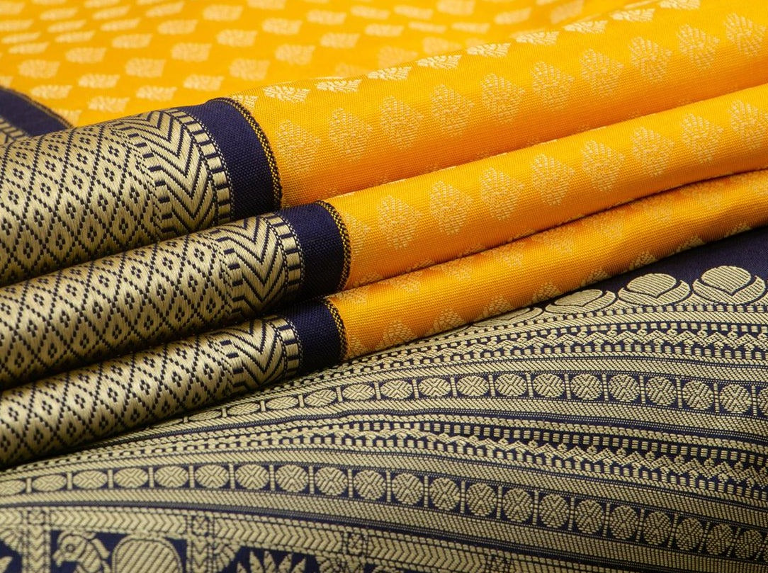 Yellow And Blue Kanchipuram Silk Saree Handwoven Pure Silk Pure Zari For Festive Wear PV NYC 71 - Silk Sari - Panjavarnam