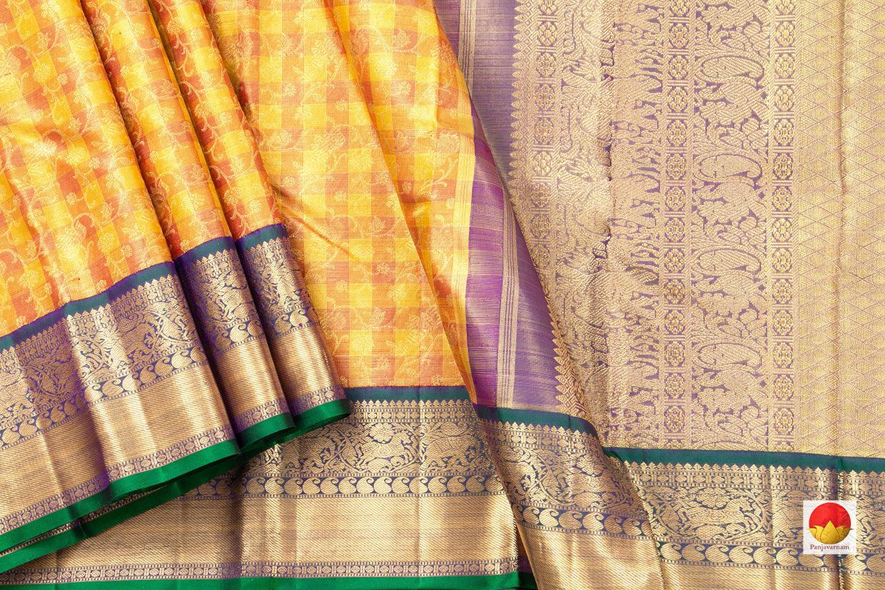 Yellow And Green Kanchipuram Silk Saree Handwoven Pure Silk Pure Zari Tissue Silk For wedding Wear PV NYC 468 - Silk Sari - Panjavarnam PV NYC 468