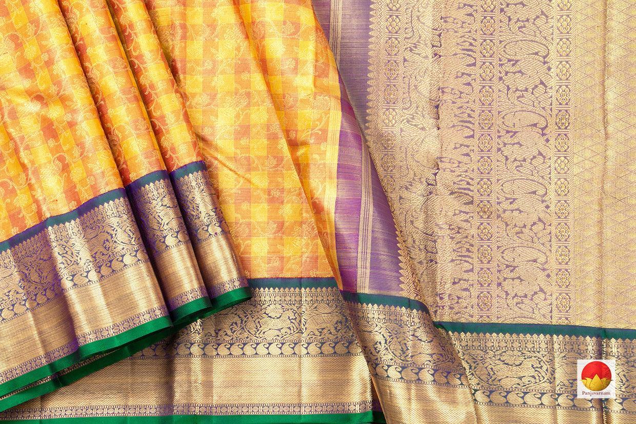 Yellow And Green Kanchipuram Silk Saree Handwoven Pure Silk Pure Zari Tissue Silk For wedding Wear PV NYC 468 - Silk Sari - Panjavarnam PV NYC 468