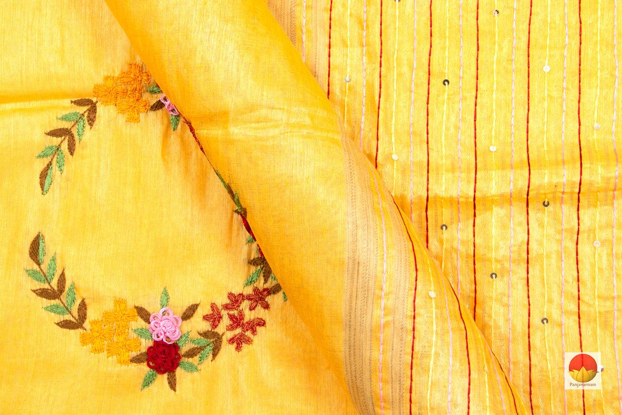 Yellow Handwoven Embroidered Linen Saree - PL 1051 - Linen Sari - Panjavarnam
