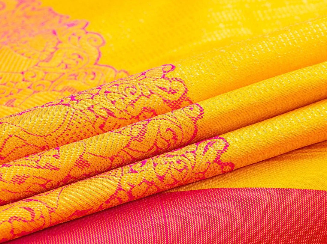 Yellow Kanchipuram Silk Saree Handwoven Pure Silk Pure Zari For Festive Wear PV NYC 452 - Silk Sari - Panjavarnam PV NYC 452