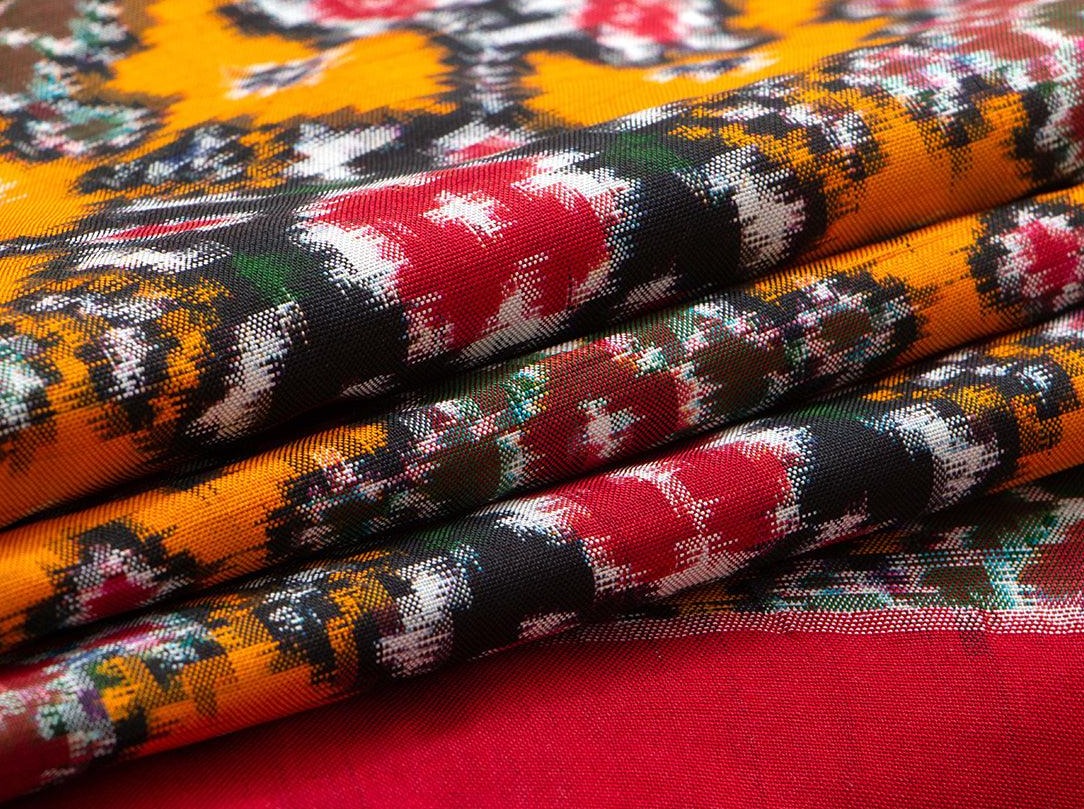 Yellow Pochampally Silk Saree With Red Border Double Ikkat Handwoven Pure Silk For Festive Wear PIK 297 - Pochampally Silk - Panjavarnam